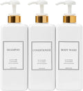 Modern Gold Design Shampoo and Conditioner Dispenser - Large 27oz Shower Soap Dispenser, Set of 3 Refillable Empty Plastic Pump Bottles for Bathroom and Body Wash (6 Waterproof Labels Included), White