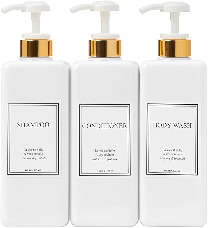 Modern Gold Design Shampoo and Conditioner Dispenser - Large 27oz Shower Soap Dispenser, Set of 3 Refillable Empty Plastic Pump Bottles for Bathroom and Body Wash (6 Waterproof Labels Included), White