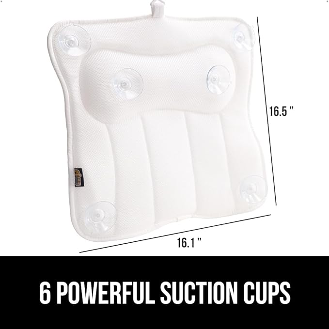 GORILLA GRIP Bath Pillow for Tub, 6 Strong Suction Cups, 4D Mesh FlexComfort Headrest for Neck, Head and Back Support, Luxury Machine Washable Pillows, Bathtub Accessories, Spa Gifts for Women, White