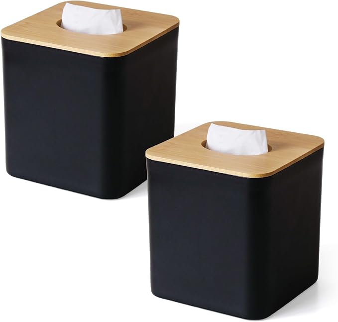 2 Pack Tissue Box Cover Square, Black Facial Tissue Holder with Bamboo Lid