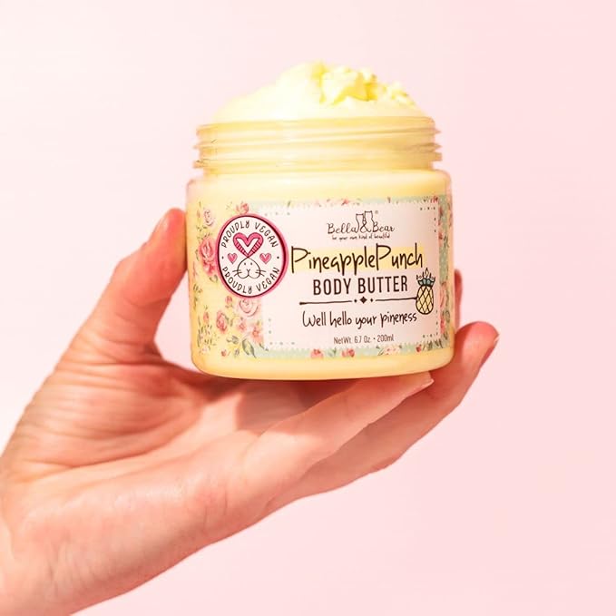 Bella & Bear Pineapple Whipped Body Butter – Vegan Moisturizing Body Cream for Women – Rich Hydrating Skin Butter – Light Tropical Pineapple Scent