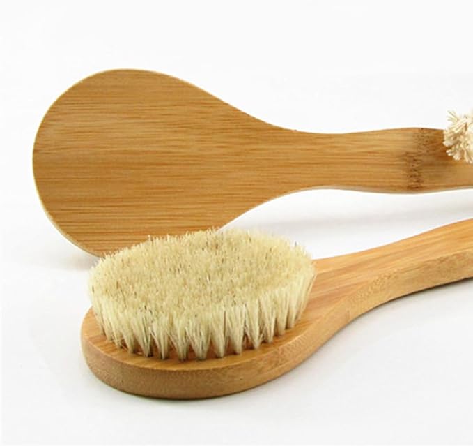 HiKin 9.84" Short Handle Dry Body Brush Back Scrubber, Bamboo Handle and Natural Boar Bristles Bath & Shower Brush, Good for Blood Circulation, Exfoliating, Cellulite and Detox, etc.