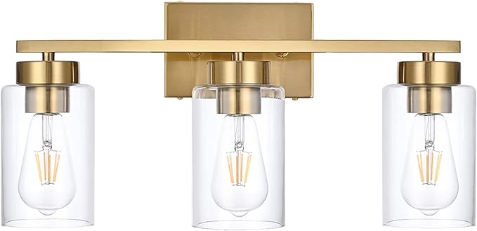 A1A9 3-Light Bathroom Vanity Light, Modern Brushed Gold Wall Lights with Clear Glass Shades, Bathroom Wall Sconce Lamp for Mirror Living Room Bedroom Hallway