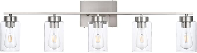 A1A9 5 Light Bathroom Vanity Light Fixtures, Brush Nickel Modern Wall Lights with Clear Glass Shade, Vintage Wall Sconce Lighting for Living Room, Mirror, Bedroom, Hallway (Nickel, 5-Lights)