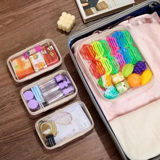 WELPIRT 4 pcs Clear Zipper Pouches,Hard Shell Zipper Case, Toiletry Bag for Travel, CLear Diaper Bag, Toiletry Pouch, Travel Organizer, Cosmetic Bag,Toy Storage Bins (M+3S)(Ivory)