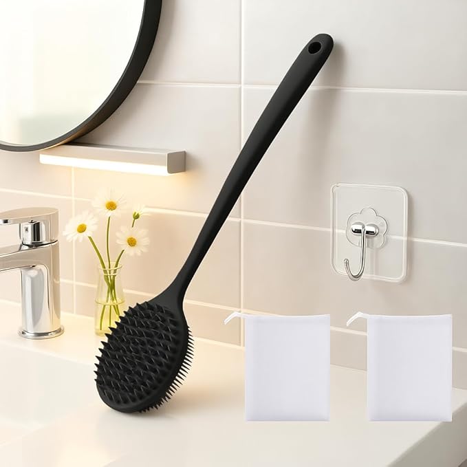 YouthRun Silicone Body Scrubber for Shower Men Women – Dual-Sided Exfoliating & Massage Shower Brush with Long Handle, Creates Rich Lather, Includes 1 Hook & 2 Lather Balls (Black).