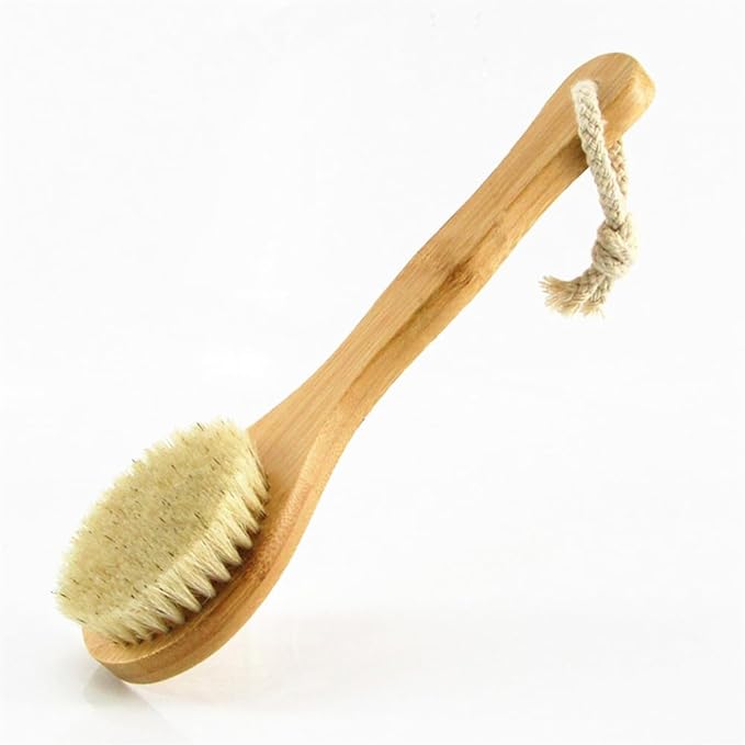 HiKin 9.84" Short Handle Dry Body Brush Back Scrubber, Bamboo Handle and Natural Boar Bristles Bath & Shower Brush, Good for Blood Circulation, Exfoliating, Cellulite and Detox, etc.