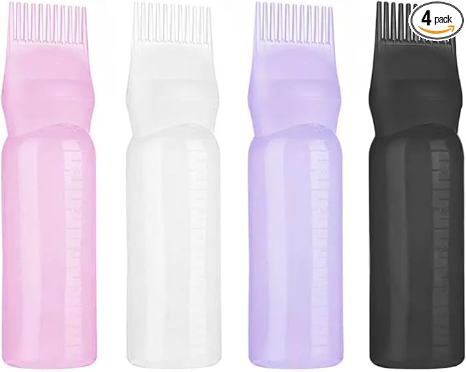 Root Comb Applicator Bottle 6 Ounce, 4 Pack Applicator Brush for Hair Dye, Hair Oil Applicator Bottle with Graduated Scale (Pink White Black Purple)