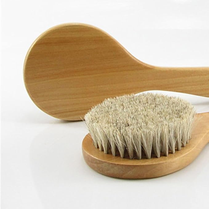 HiKin 7.87” Short Handle Dry Bath Body Brush Scrubber, Wood Handle Soft Horsehair Mane Natural Bristles Shower Brush, Good for Cellulite, Detox, Exfoliating, Blood Circulation, etc.