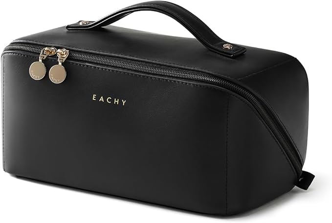 EACHY Travel Makeup Bag, Large Capacity Cosmetic Bags for Women, Waterproof Portable Open Flat Toiletry Bag Make up Bag with Divider and Handle, Gifts for Women