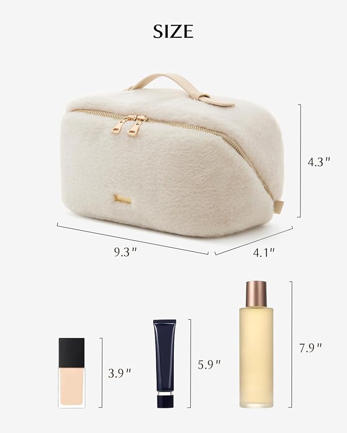 EACHY Travel Makeup Bag,Cute Faux Fur Cosmetic Bag for Women,Portable 180°Wide-Open Flat Make Up Bag,Large Capacity Makeup Pouch Make Up Organizer with Divider and Handle