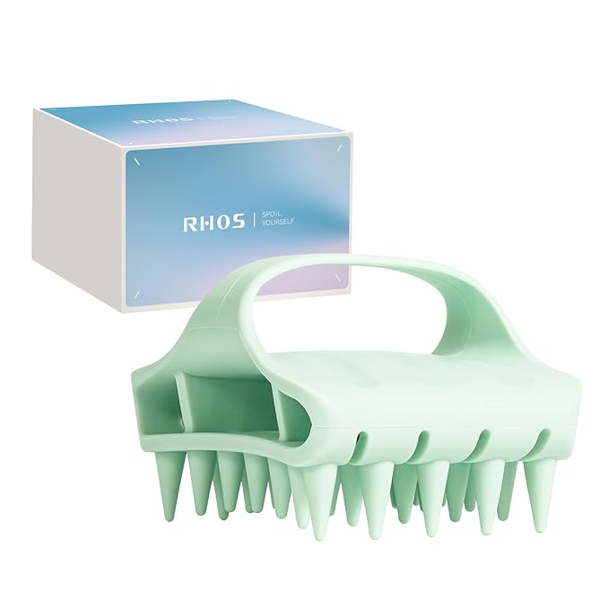 RHOS Shampoo Brush, Soft Silicone Scalp Scrubber, Scalp Massager for Wet & Dry Hair, Curved Vented Hair Scrubber for Dandruff Removal (Green)