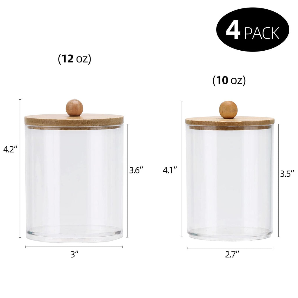 Tbestmax 4 Pack Qtip Holder Dispenser Cotton Ball, Cotton Swab, Floss - 12oz, 10 oz Clear Plastic Apothecary Jars for Bathroom Organizer and Storage Containers (Bamboo Lids)