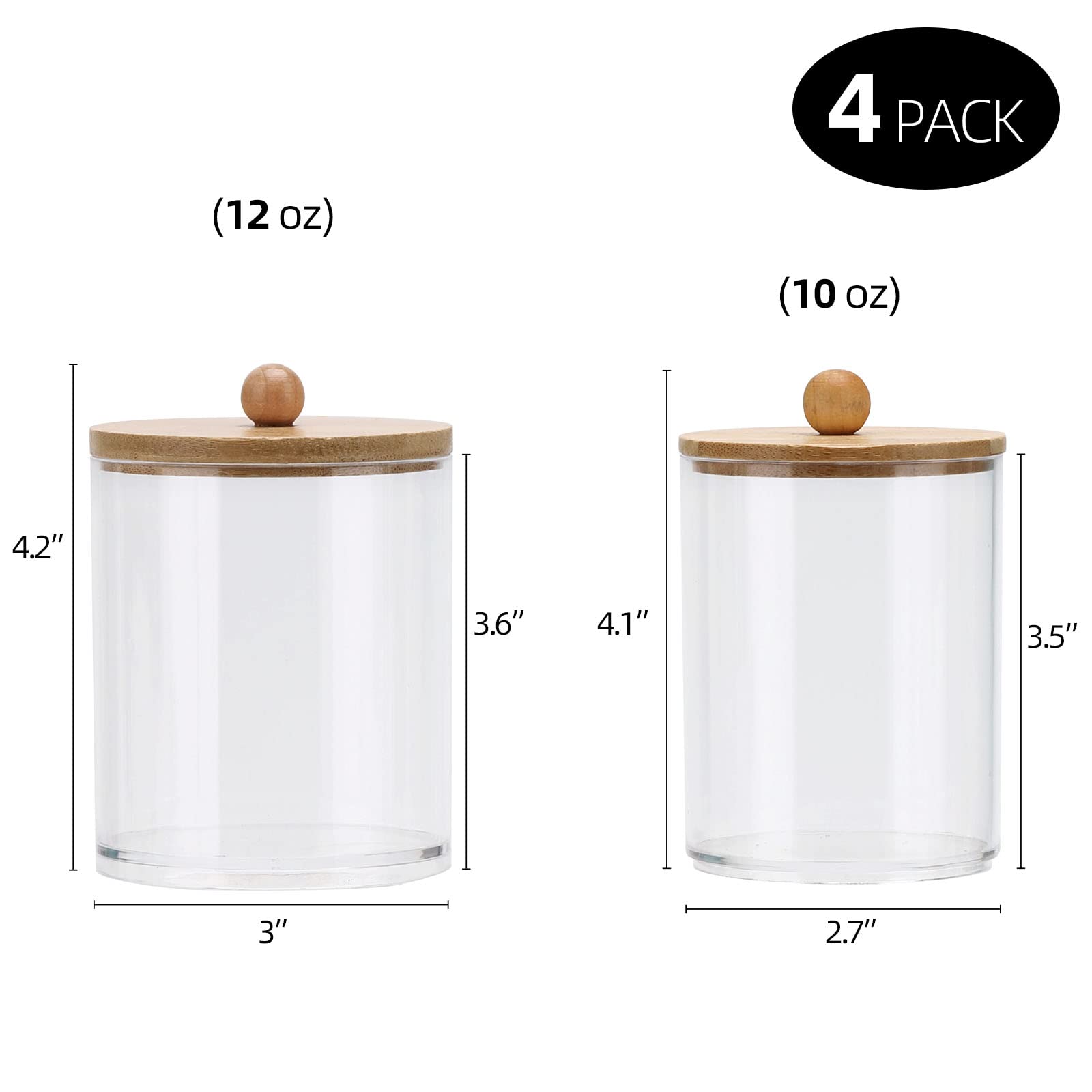 Tbestmax 4 Pack Qtip Holder Dispenser Cotton Ball, Cotton Swab, Floss - 12oz, 10 oz Clear Plastic Apothecary Jars for Bathroom Organizer and Storage Containers (Bamboo Lids)