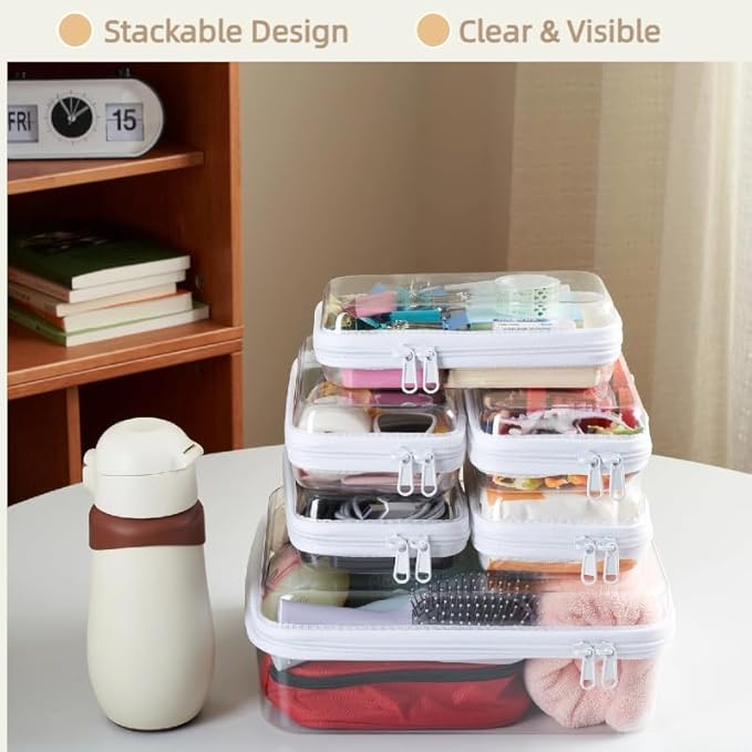 WELPIRT 6 pcs Zipper Pouches, Hard Shell Toiletry Bag, Stackable Travel Organizer, Cosmetic Bags, Transparent Diaper Bag, Storage Cases (Tall M + 5S)