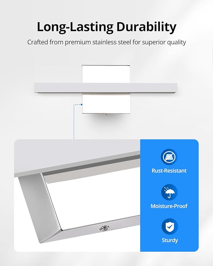Combuh Dimmable Vanity Light Bar, 9W Over Mirror Lighting Fixture Wall Sconce Indoor, IP44 Modern Cool White 6000K Chrome Lamp Bathroom,16Inch