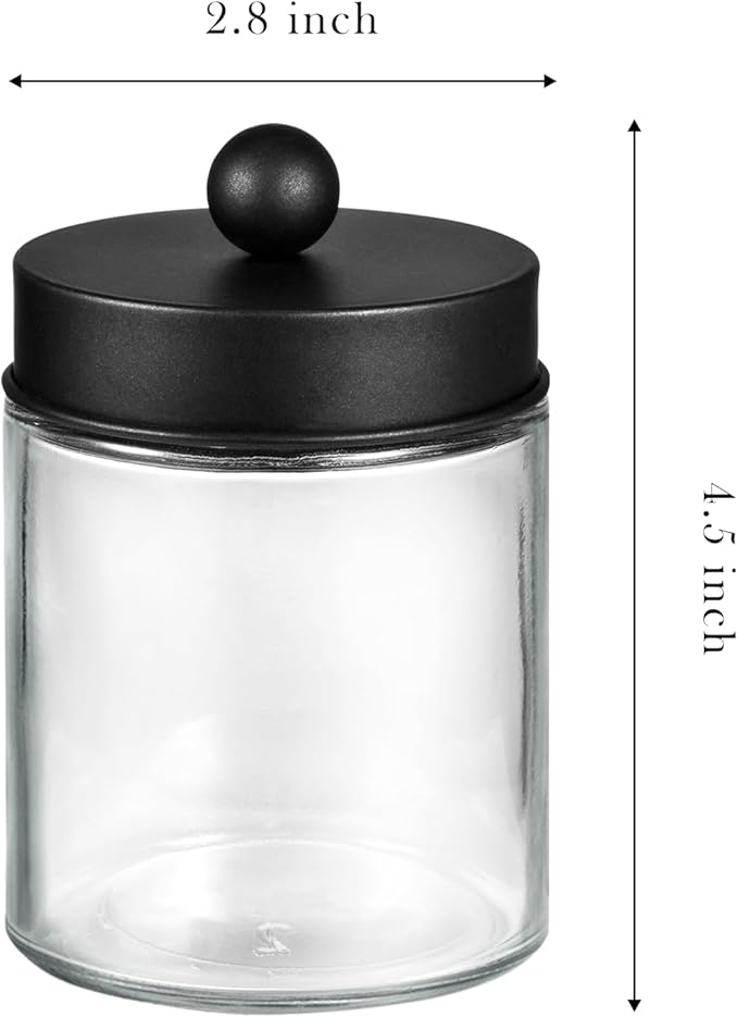SheeChung 2-Pack Qtip Holder Dispenser-Glass Apothecary Jars with Rust-Proof Stainless Steel Lids-Modern Rustic Bathroom Vanity Organizer for Cotton Swabs, Balls, Pads(Black&Oil Rubbed Bronze)