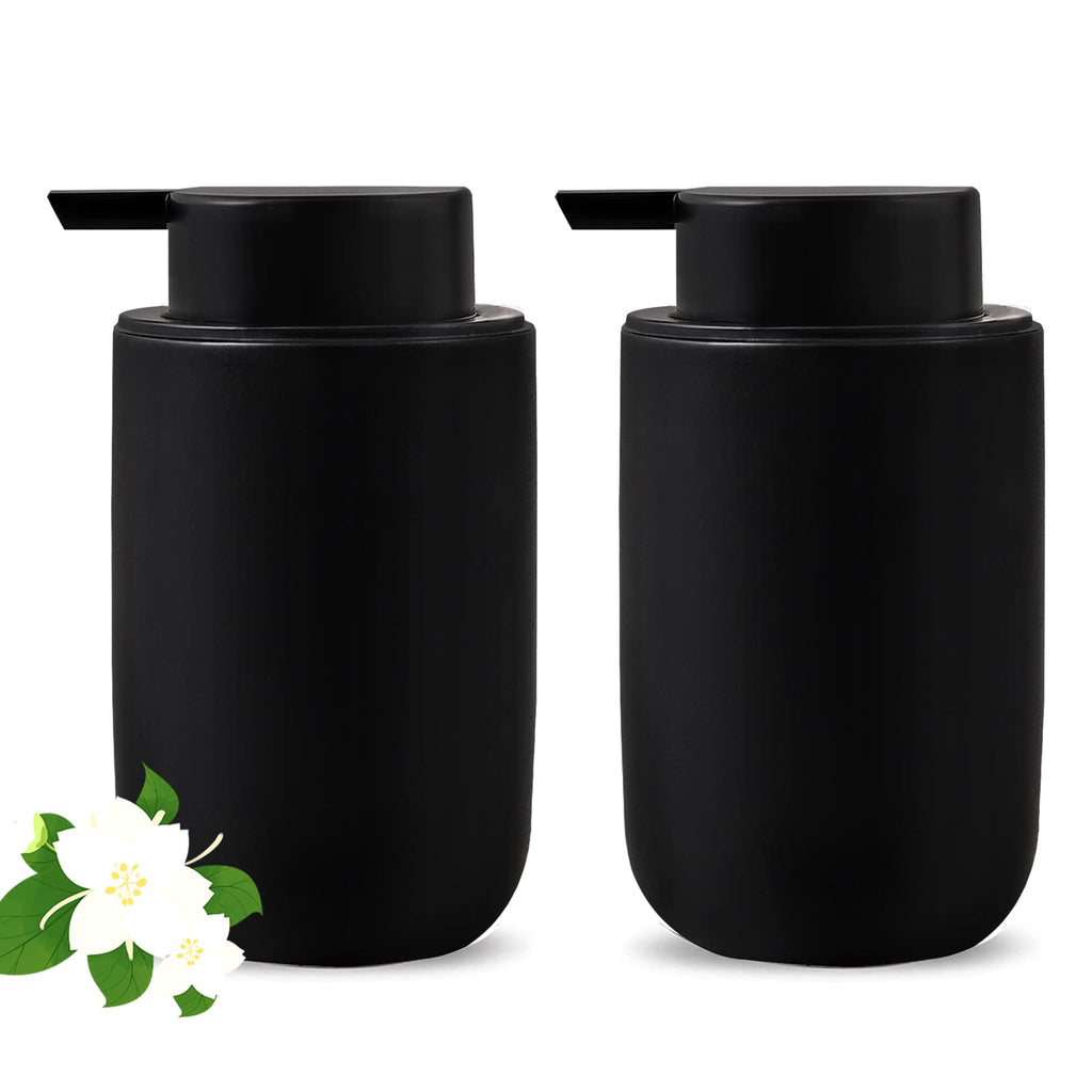 Black Soap Dispenser Set- Modern Ceramic Hand Dish Soap Dispenser for Bathroom Refillable Liquid Lotion Soap for Farmhouse Kitchen Decor Dish 2 Pack