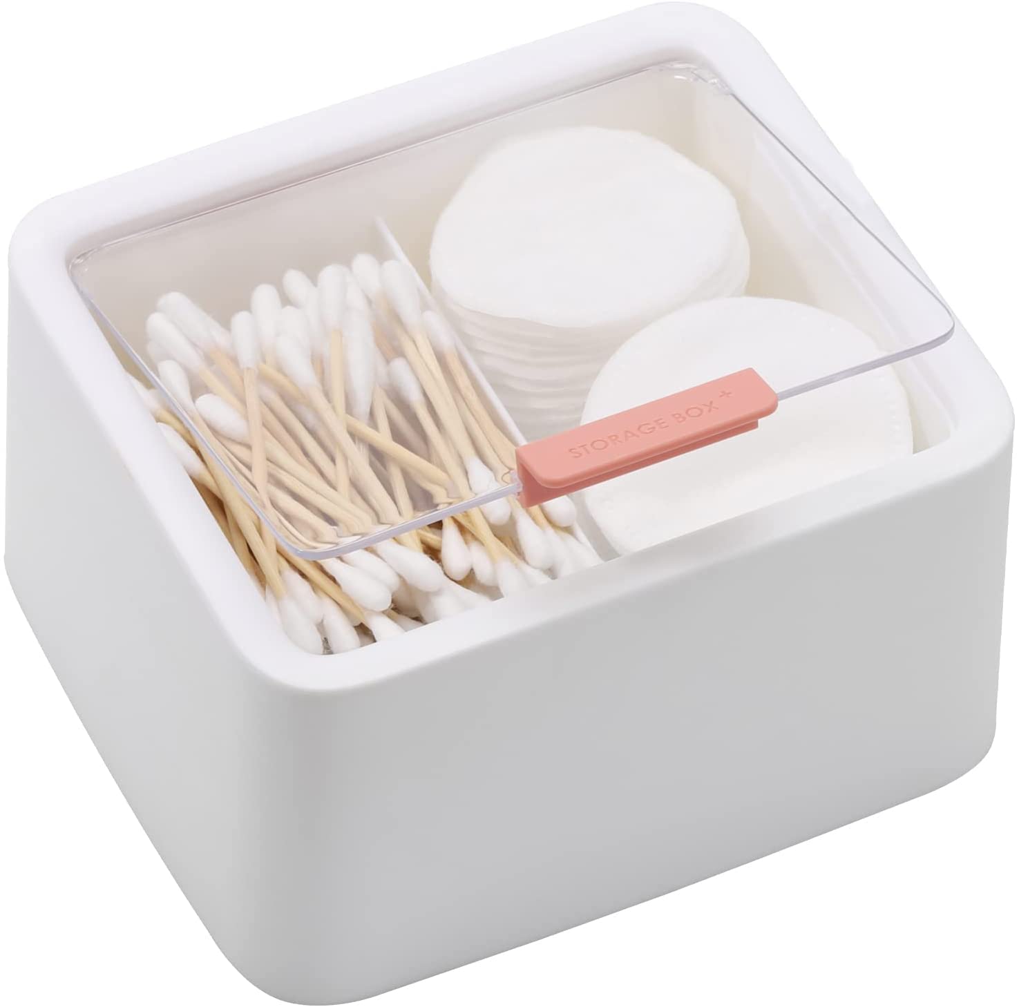 Tecbeauty 2pcs Qtips Holder - Middle Divider Cotton Pads Storage Dispenser Bathroom Organizer with Clear Hinged Lids for Cotton Balls Swabs Rounds-White & Blue