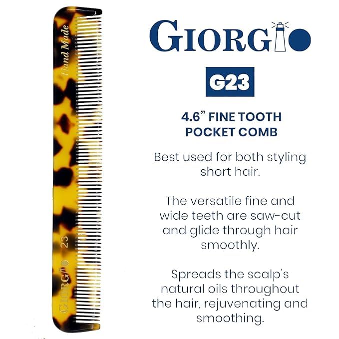 Giorgio G23 Handmade Fine Tooth Pocket Comb for Men, Mustache and Beard Comb for Men, Travel Combs for Everyday Grooming or Styling Hair, Saw Cut and Hand Polished (4.6")