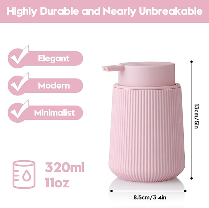 YAUKPH Striped Liquid Hand Soap Dispenser with Leak-Proof Pump for Bathroom and Kitchen Countertop 11 oz Pink