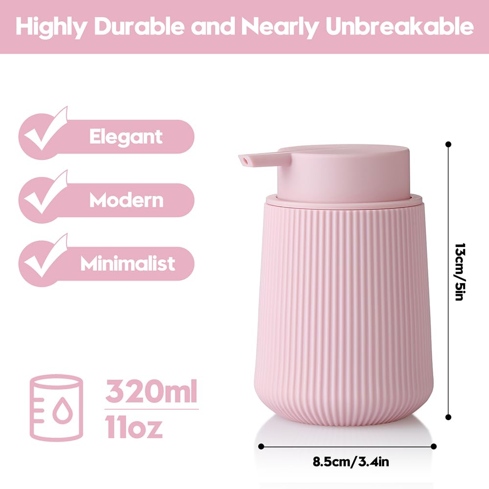 YAUKPH Striped Liquid Hand Soap Dispenser with Leak-Proof Pump for Bathroom and Kitchen Countertop 11 oz Pink