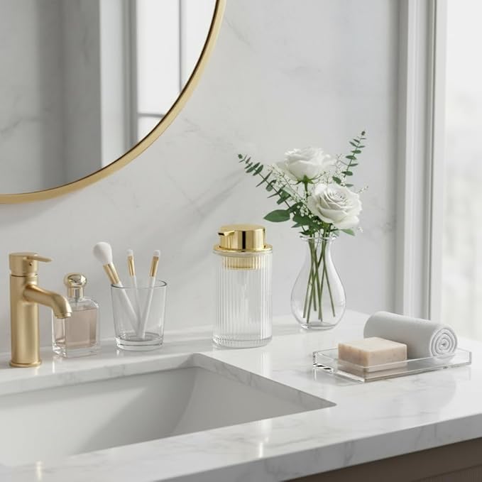 Tonxus Foaming Soap Dispenser, Bathroom Clear Glass Foam Soap Dispenser, Refillable 12 Oz Foam Pump Bottle Container with Gold Pump, Decorative Slim Ribbed Dish Soap Dispenser for Kitchen