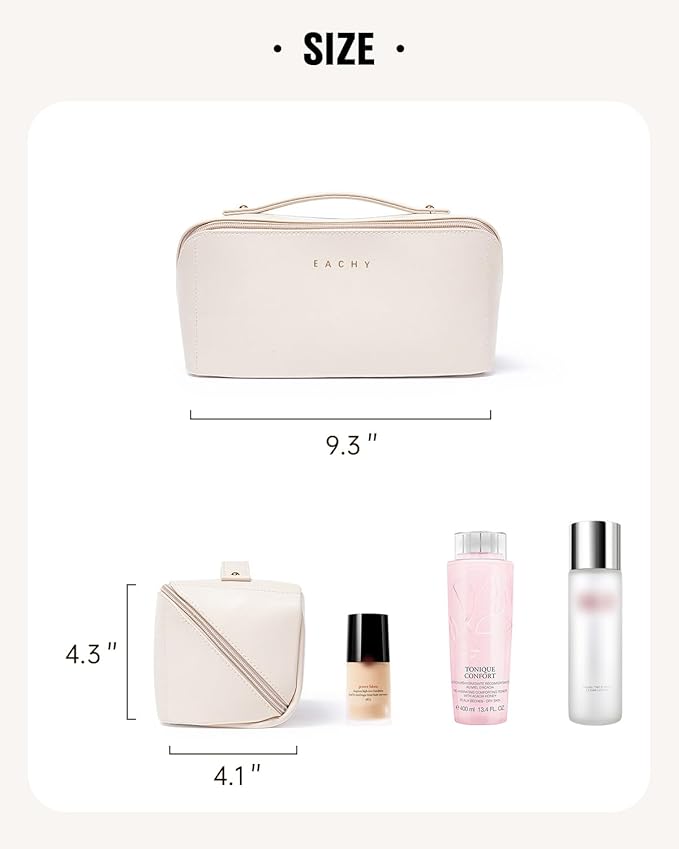 EACHY Travel Makeup Bag, Large Capacity Cosmetic Bags for Women, Waterproof Portable Open Flat Toiletry Bag Make up Bag with Divider and Handle, Christmas Gifts (White, Medium)