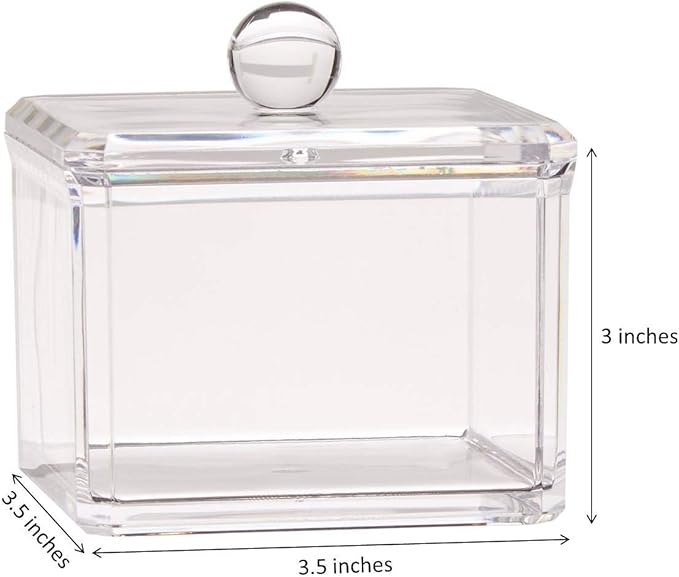 KW Collection Square Acrylic Cotton Ball Pads Gauze Swab Holder Organizer Q-tip Dispenser Storage Canister Bathroom Container Flossers Box Case (3.5 x 3.5 x 3 inches, Single Tier, Transparent)