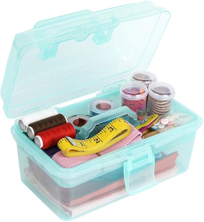 BangQiao Multipurpose Plastic Art and Craft Supply Storage Container Bin Case with Removable Tray and Handle, First Aid Box Organizer, Clear&Green