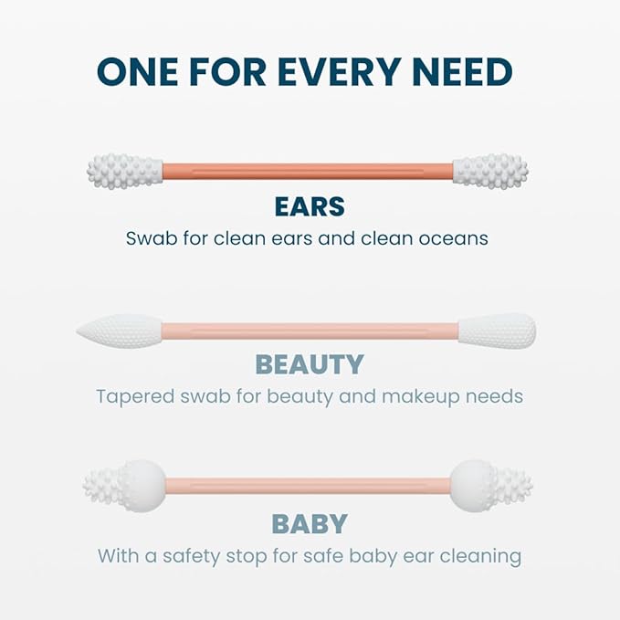LastSwab® Reusable Cotton Swabs & Reusable Q-Tips - Washable Silicone Ear Swabs, Ear Cleaner & Wax Removal Tool - Eco-Friendly Zero Waste Single-Use Qtips Alternative - Travel Case Holder - Peach