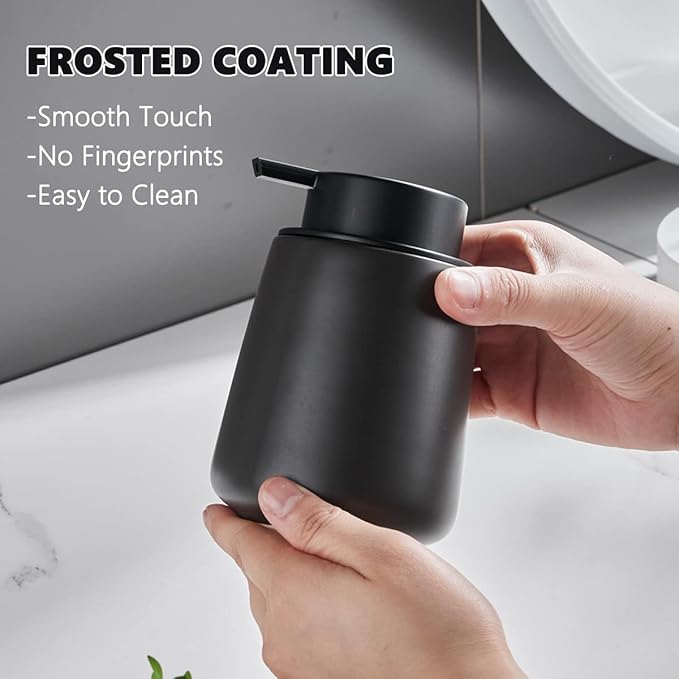 12Oz Hand Soap Dispenser Set - 2 Pack Ceramic Lotion Soap Dispenser Set with Easy-to-Press Black Pump, Refillable Mordern Liquid Dish Soap Dispensers for Bathroom & Kitchen (Black, Liquid Pump)