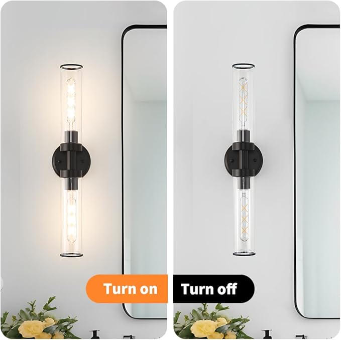 Matte Black Wall Sconces Set of 2, Modern Bathroom Vanity Lights for Mirror, Hardwired Glass Wall Light Fixtures with E26 Base (Bulbs Required) for Bathroom, Bedroom, Hallway, 22.05 Inch