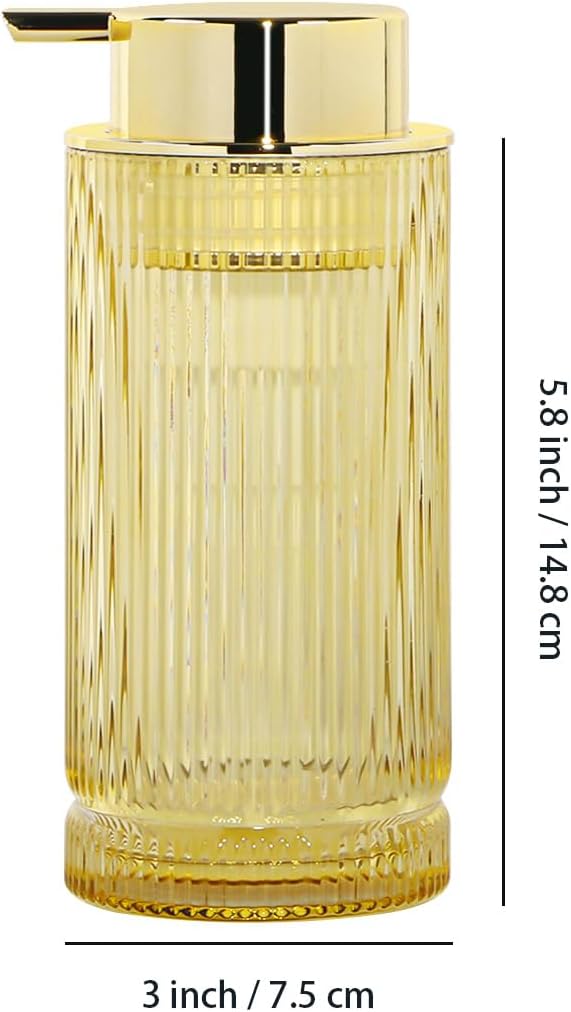 Tonxus 14 Oz Foaming Soap Dispenser, Amber Glass Soap Dispenser, Refillable Foam Pump Bottle Lotion Container with Gold Pump, Decorative Slim Ribbed Bottle for Bathroom and Kitchen Decor