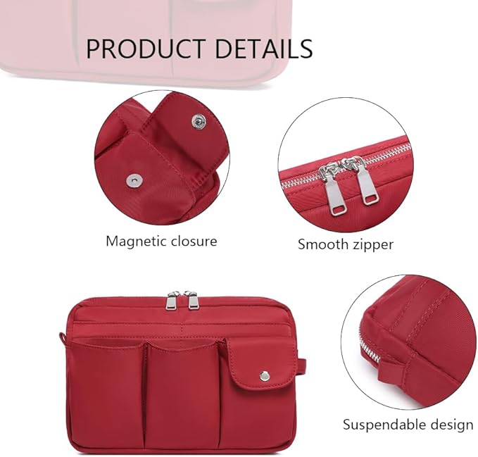 Storage Bag-arge Cosmetic Bag for Women Travel Makeup Bag Zip Up Bag Pure Cotton Canvas Can be Suspended (Burgundy Red)