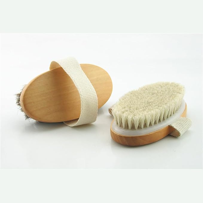 HiKin Wooden Soft Horsehair Mane Natural Bristles Bath & Shower Brush, 5x2.8 Inch Oval Shape Dry Body Brush Scrubber for Exfoliating, Detox and Cellulite, etc. (Brown Horsehair)