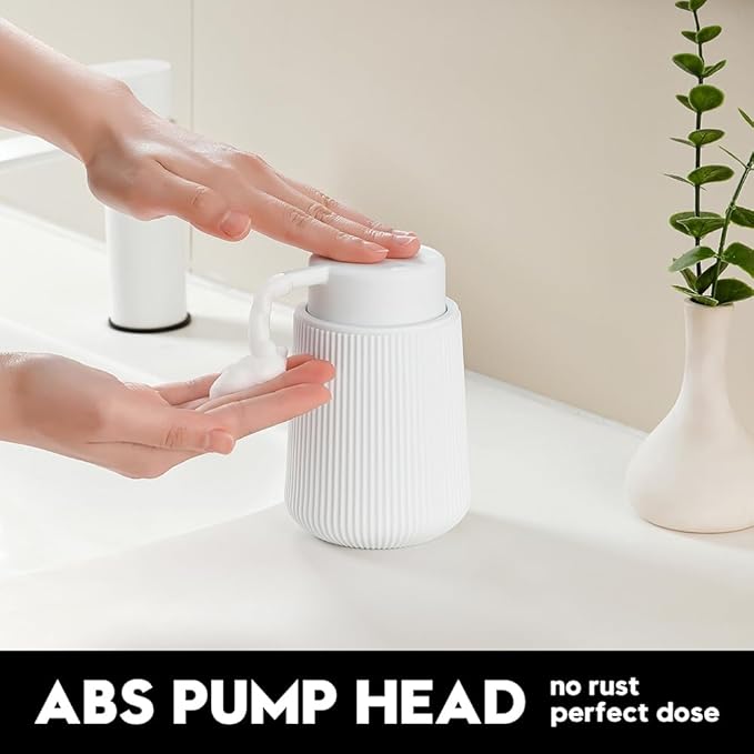 YAUKPH Striped Foaming Hand Soap Dispenser with Leak-Proof Pump for Bathroom and Kitchen Countertop 11oz White