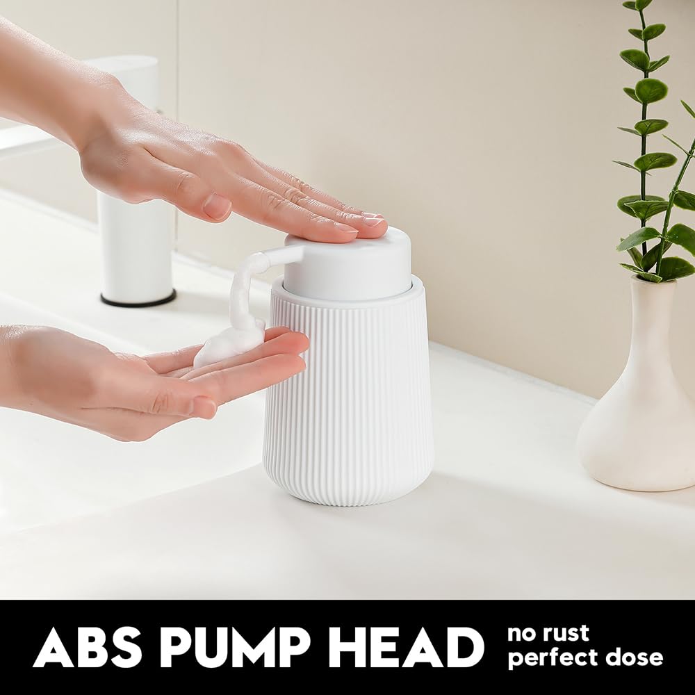 YAUKPH Striped Foaming Hand Soap Dispenser with Leak-Proof Pump for Bathroom and Kitchen Countertop 11oz White