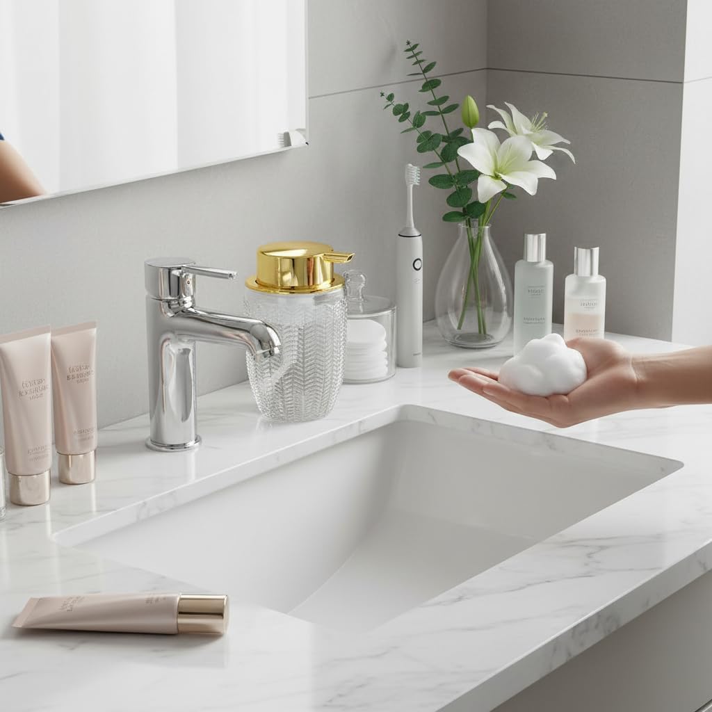 Tonxus Foam Soap Dispenser, Clear Glass Foaming Soap Dispenser, 10 Oz Refillable Hand Soap Dispenser Liquid Lotion Pump Container Ribbed Bottle for Bathroom Countertop Decor