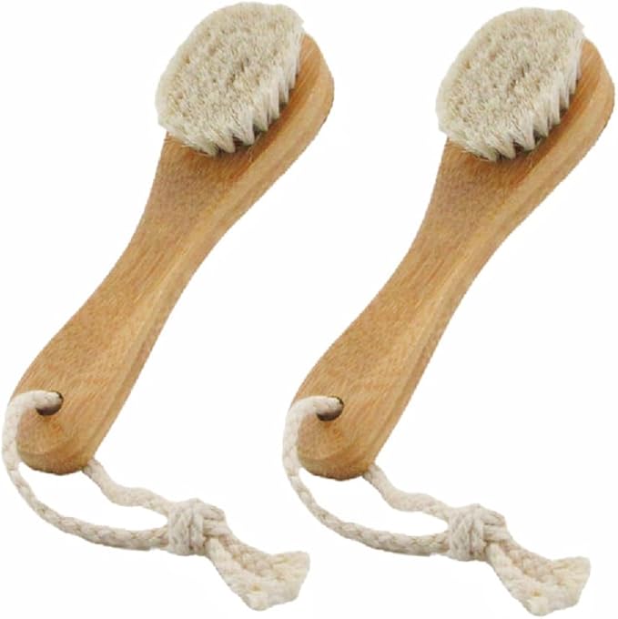 HiKin 2 Pack 6" Bamboo Handle Dry Facial Cleansing Brush with Natural Soft Horsehair Bristles, Face Brush Cleanser Skin Care Exfoliating Brush Scrubber.