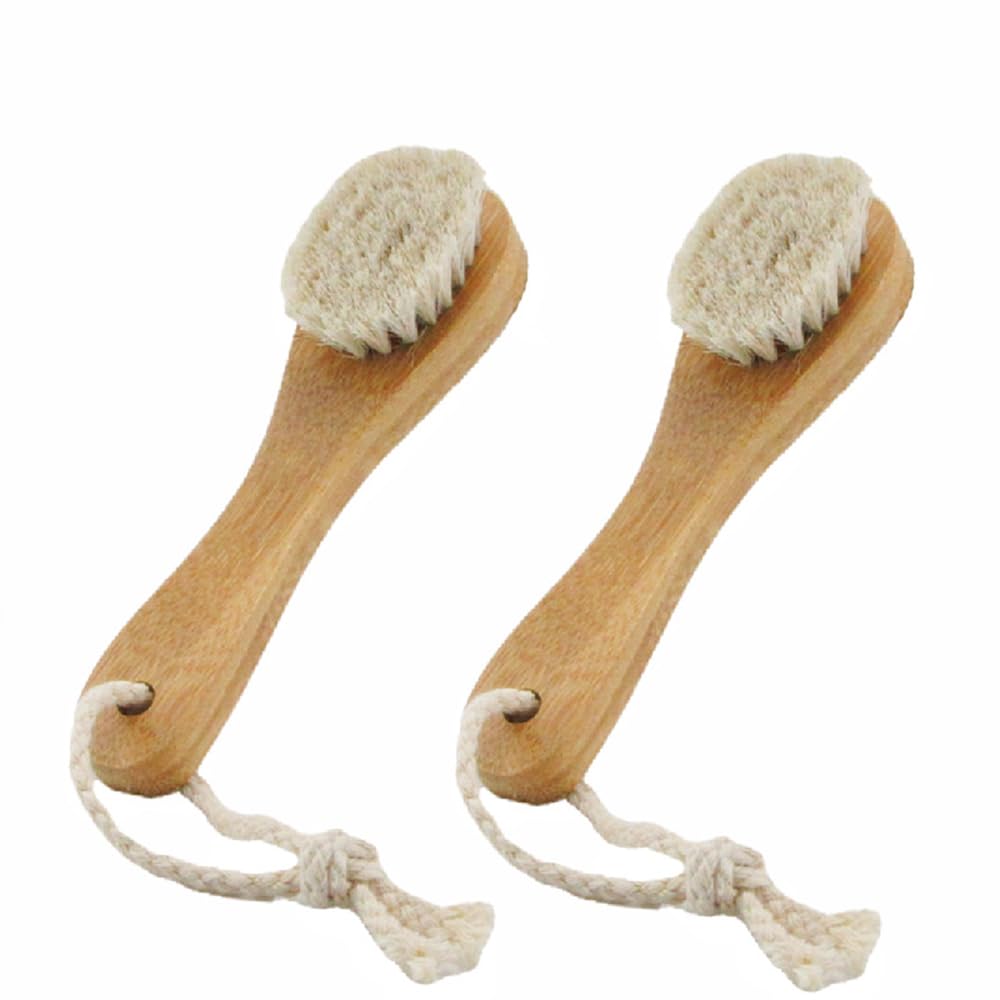 HiKin Facial Cleansing Brush, Wood Handle Soft Horsehair Natural Bristles Face Brush Cleanser, 2 Pack Face Skin Care Exfoliating Scrub Brush.