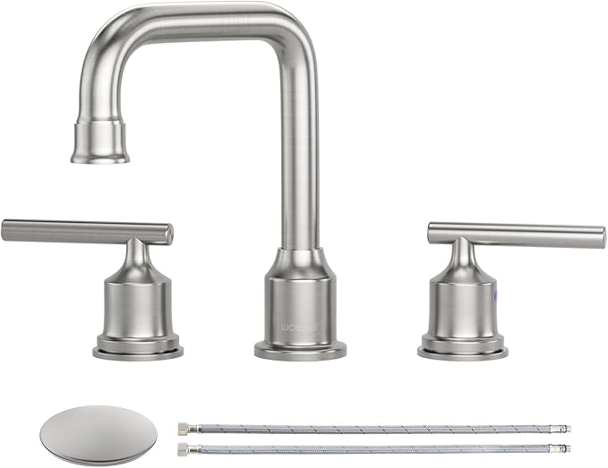 WOWOW 2 Handles 8 inch Widespread High Arc Bathroom Faucet Brushed Nickel Lavatory Faucet 3 Hole 360°Swivel Spout Modern Sink Basin Faucets