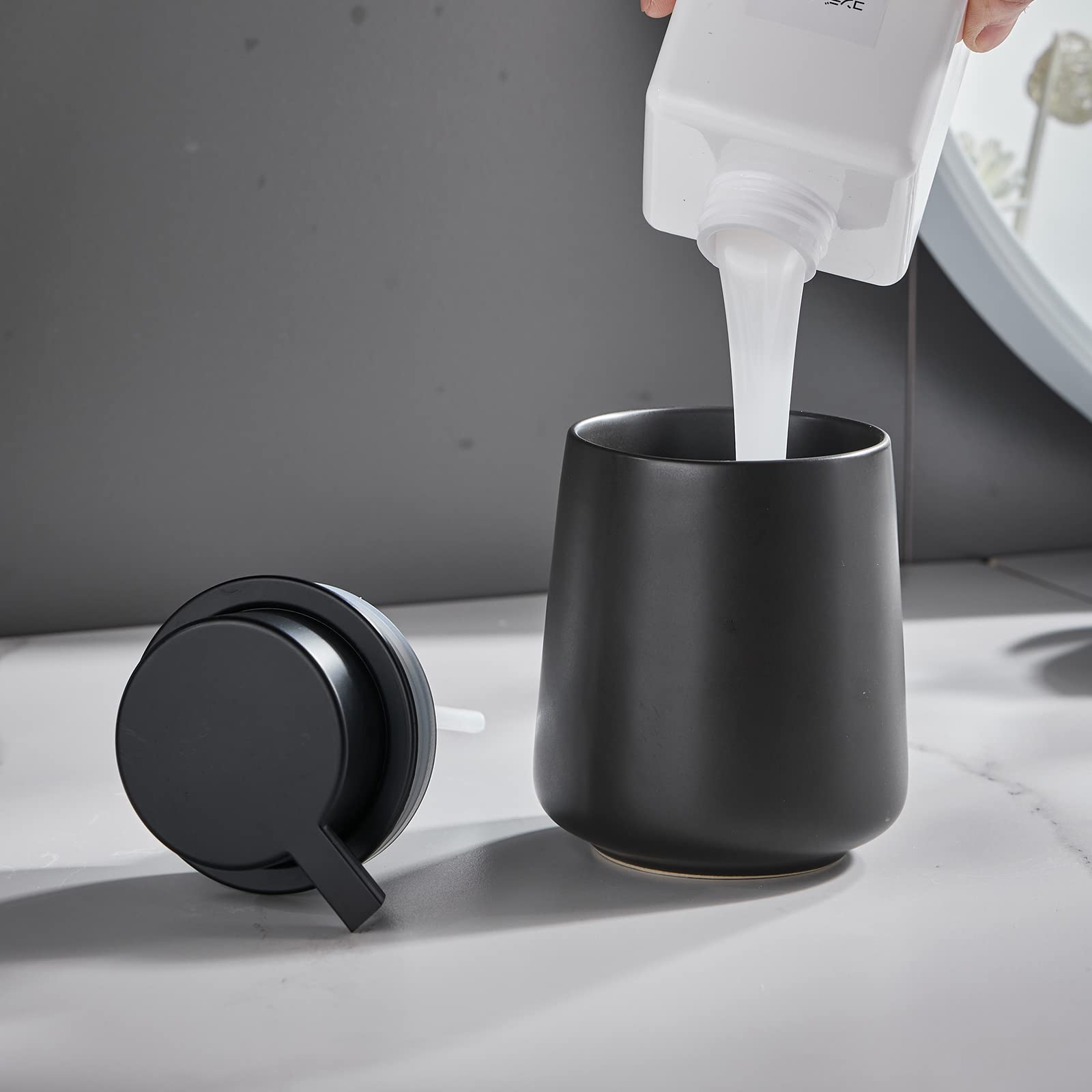 12Oz Black Soap Dispenser - Modern Ceramic Lotion Hand Soap Dispenser with Easy-to-Press Black Pump, Reusable and Refillable Liquid Dish Soap Dispensers for Bathroom & Kitchen