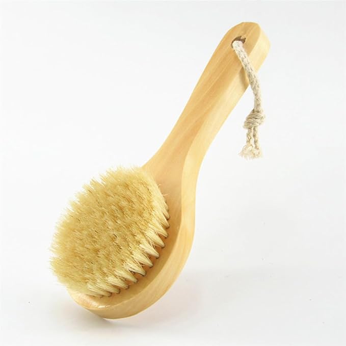 HiKin Wooden Short Handle Dry Body Brush Scrubber, 7.87 Inch Natural Bristles Bath & Shower Brush Scrubber.