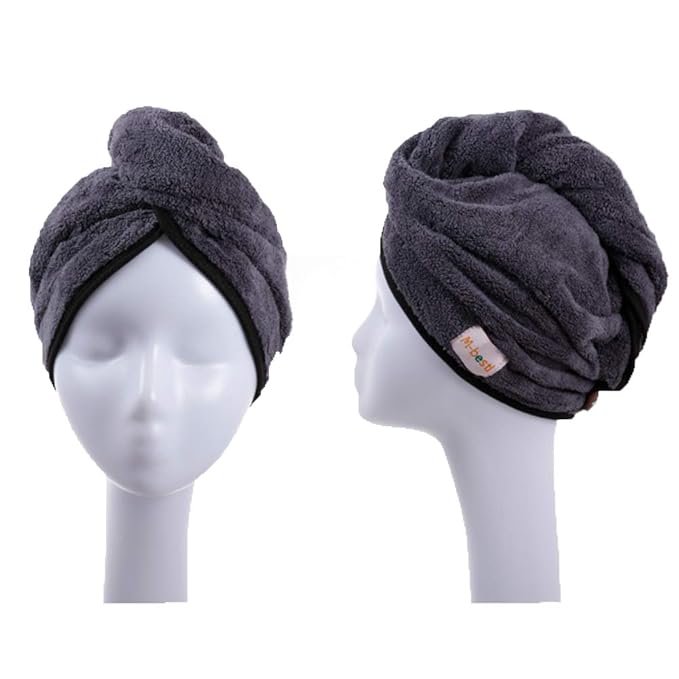 M-bestl 2 Pack Hair Drying Towels, Anti-frizz Hair Towel Wrap, Absorbent Microfiber Hair Towel Turban with Button Design for Straight Curly Hair (Dark Gray&Light Gray)