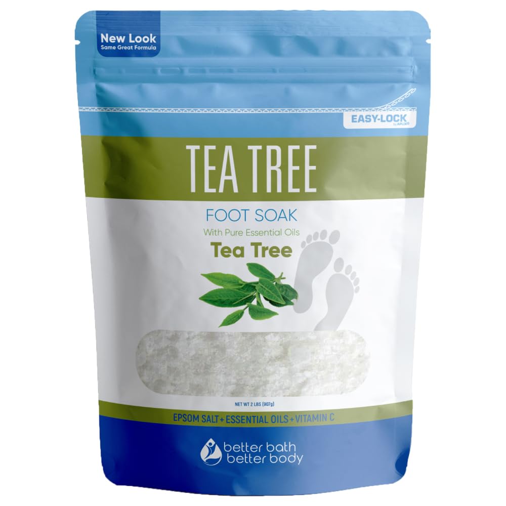 Tea Tree Foot Soak 32 Ounces (2 Lbs) USP Grade Epsom Salt with Natural Tea Tree Essential Oil Plus Vitamin C in BPA Free Pouch with Easy Press Lock Seal Made in USA DIY Home Spa Foot Care