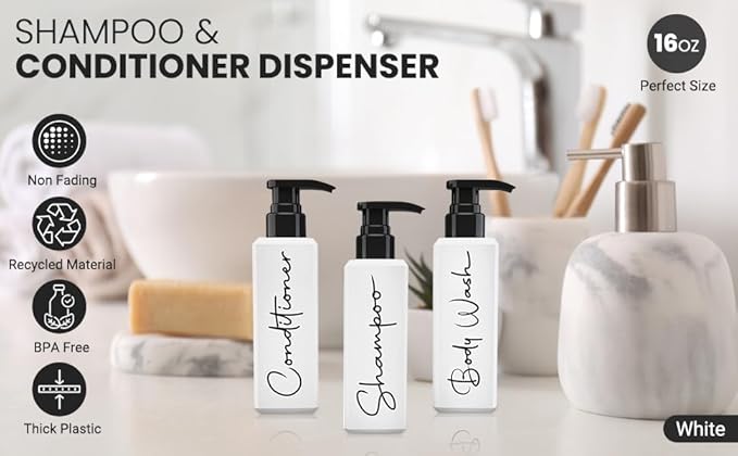 Spa-Inspired Refillable Shampoo and Conditioner Bottles - Dispenser Set of 3 with Pump - Bottles for Shower Wall – Printed Shampoo, Conditioner & Body Wash