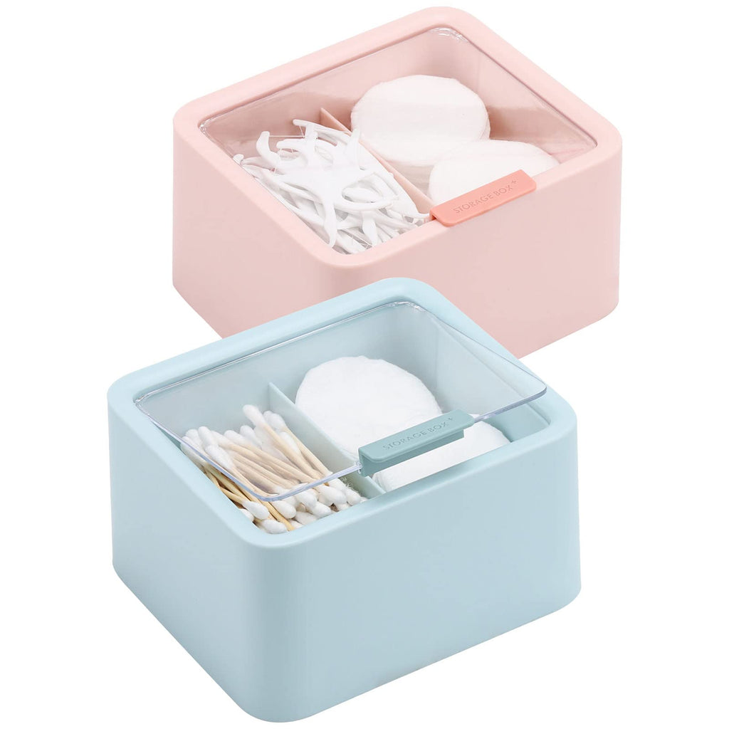 Tecbeauty 2pcs Qtips Holder - Middle Divider Cotton Pads Storage Dispenser Bathroom Organizer with Clear Hinged Lids for Cotton Balls Swabs Rounds - Blue & Pink