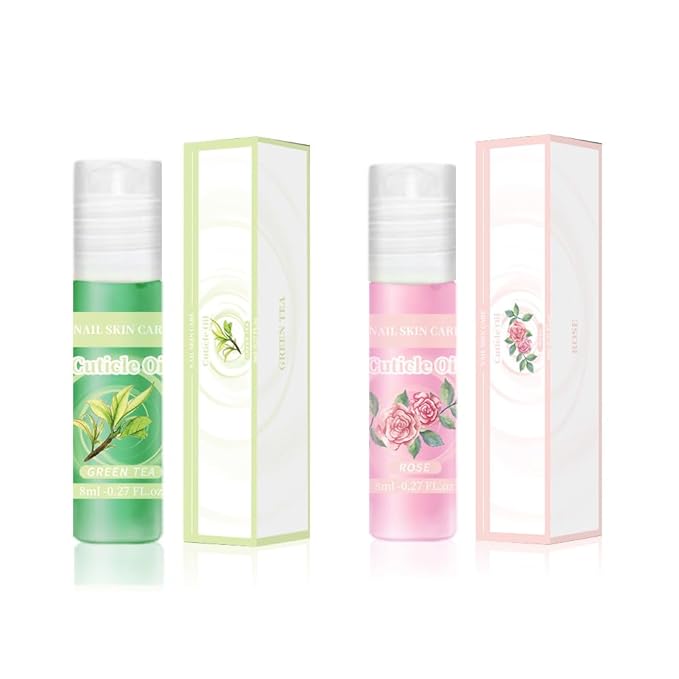SULLMAR 2pcs Cuticle Oil Roller Nourishing Moisturizing Roll On Cuticle Oil for Convenient Portable Nail Rollerball for On the Go Hydration and Care (rose&green tea)