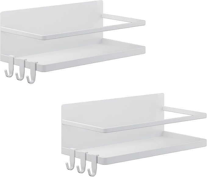 KMUZAWN Magnetic Spice Rack for Refrigerator, 2 Pack Magnetic Shelf, Fridge Magnet Organizer with Moveable 6 Hooks, Magnetic Fridge Shelf for Kitchen Organization and Storage(White, 2 Pack)